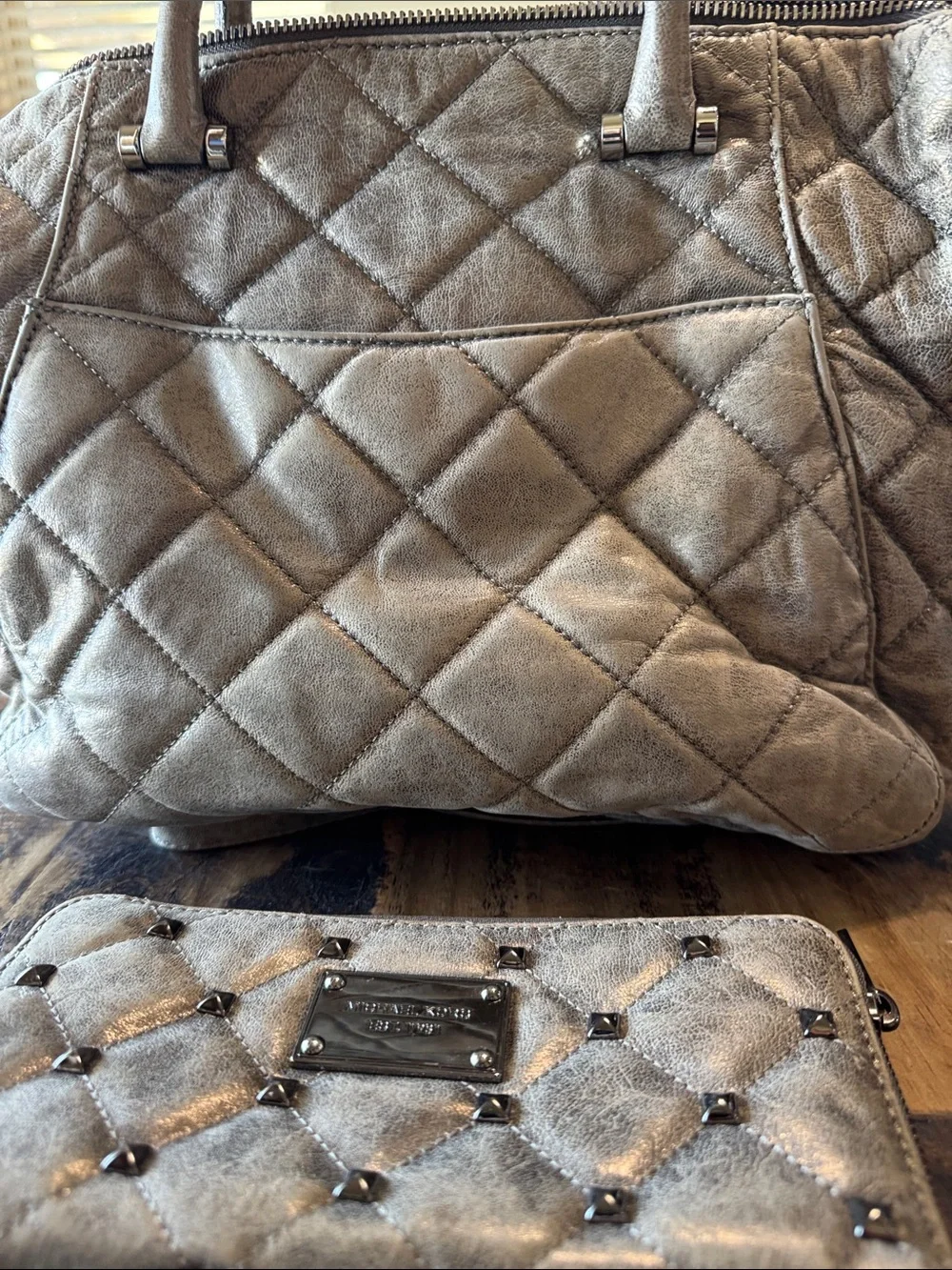 Michael Kors Quilted Metallic Pewter Satchel and Wallet Set